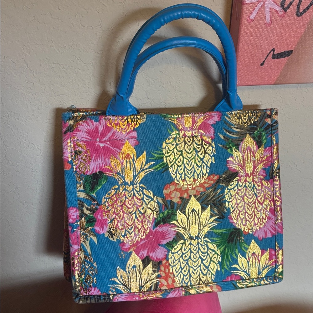 Colorful Bahamas Tote Bag with Blue Handles - Picture 2 of 2